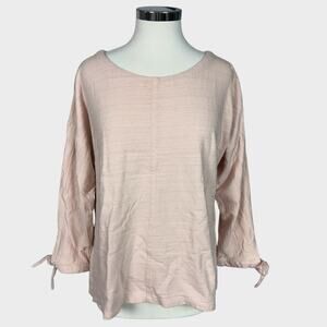Ann Taylor LOFT Womens Large 3/4 Tie Sleeve Round Neck Top Pale Pink Cotton